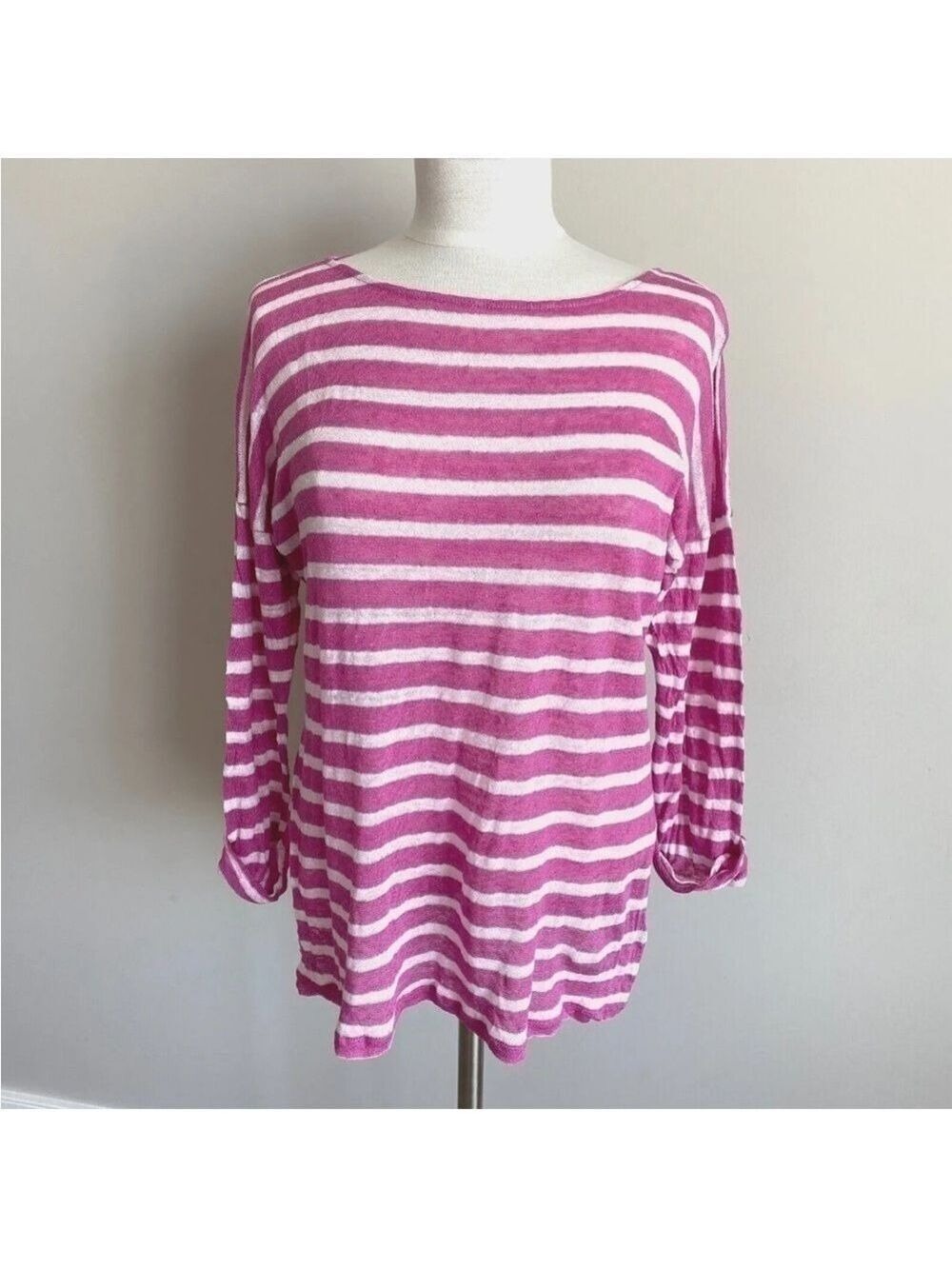 Lauren Ralph Lauren 100% Linen Top Shirt Womens L Pink White Striped 3/4 Sleeve